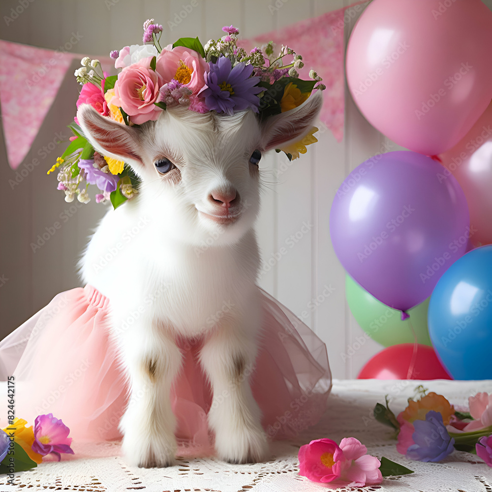 Whimsical Baby Goat in a Floral Crown with a Rainbow of Festive Balloons Whimsical Baby Goat in a Floral Crown with a Rainbow of Festive Balloons