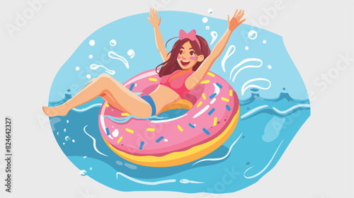 Cheerful girl splashing in water with swimming donut