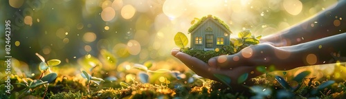 A person holding a small house with a green roof, bokeh background, eco-friendly living, high detail, digital painting