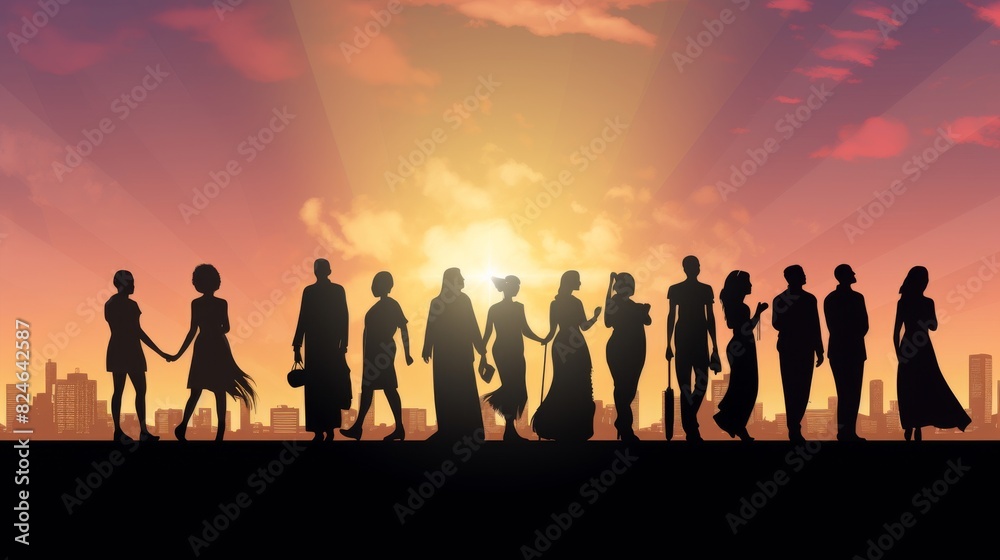 Different cultures in international society concept. Diverse group of multiethnic multicultural hands silhouette.