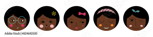 Personage pack, comely girlish faces. Emoji stickers, variety emoticons, girl guise. Editable flat illustration.