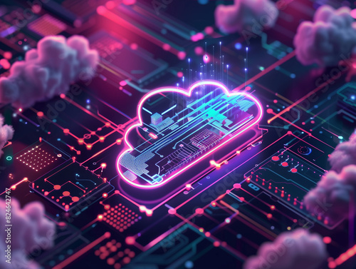 Illustation of cloud computing or cloud storage in the area of information technology. Concept of data in the cloud.