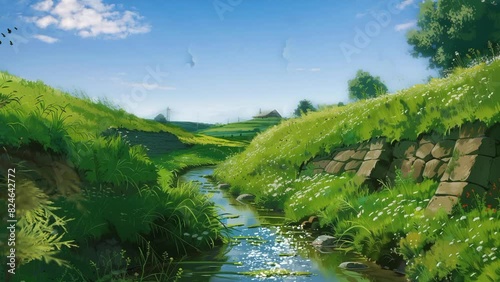 In a fertile agricultural field, the ditch flows clearly, watering the green plants. seamless looping time lapse animation video background photo