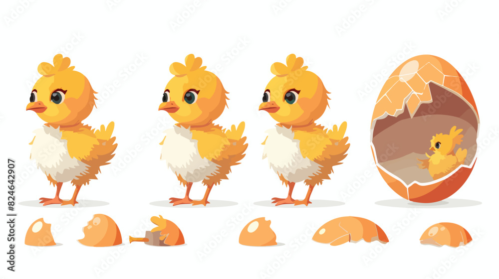 Chicken hatching stages. Yellow chick hatch from brok