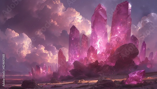 Fantasy landscape with tall, glowing pink crystals.