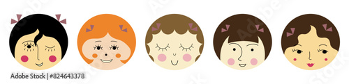 Avatar bundle, handsome girlish faces. Character icons, variety impressions, girl appearance. Flat vector illustration.