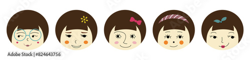 Avatar bundle, handsome girlish faces. Face emotions, diverse feelings, women countenance. Flat vector illustration.