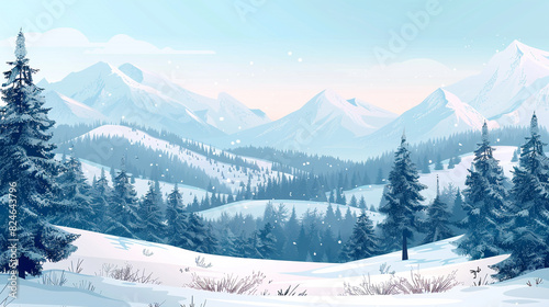 illustration of a winter mountain landscape with snowy fir trees, hills and mountains. © Osama
