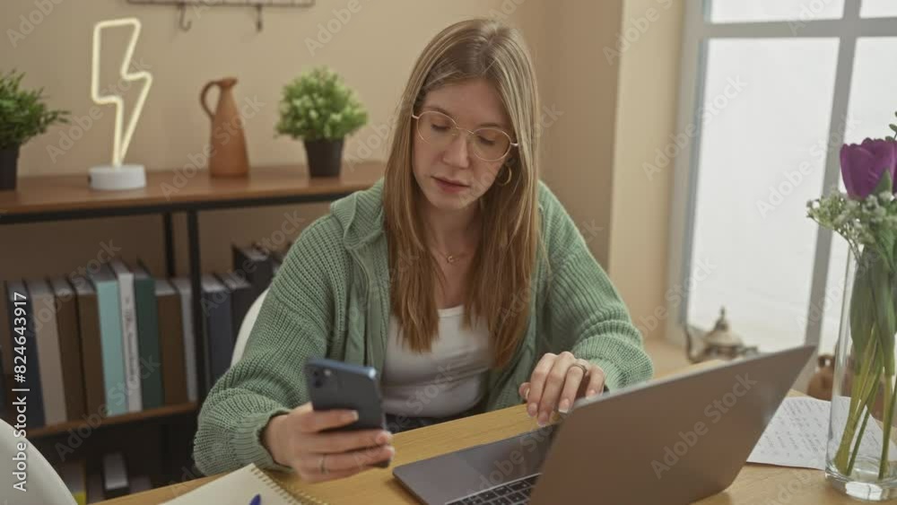 Focused woman using laptop and smartphone in a cozy home office with bookshelves and decorations. Focused woman using laptop and smartphone in a cozy home office with bookshelves and decorations.
