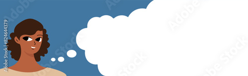 Banner with black women. Cute girlish face. Woman's day concept. Flat vector cartoon design.