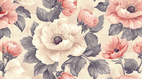 A beautiful floral pattern with pink, cream, and gray flowers. The flowers are arranged in a repeating pattern.