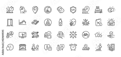 Inflation, Candlestick graph and Keywords line icons pack. AI, Question and Answer, Map pin icons. E-mail, Timer, Love ticket web icon. Update time, Uv protection, Open door pictogram. Vector