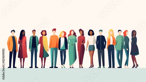 Different people stand side by side together. Flat vector illustration.