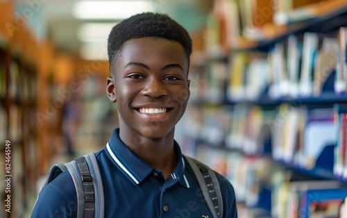 Smiling African American student surrounded by books.