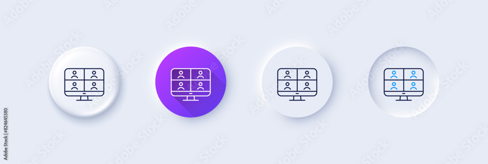 Virtual conference line icon. Neumorphic, Purple gradient, 3d pin buttons. Online training sign. Video team presentation symbol. Line icons. Neumorphic buttons with outline signs. Vector Virtual conference line icon. Neumorphic, Purple gradient, 3d pin buttons. Online training sign. Video team presentation symbol. Line icons. Neumorphic buttons with outline signs. Vector