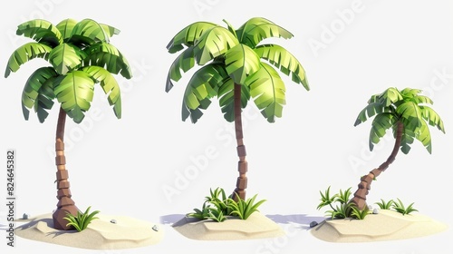 3d cartoon clipart of palm trees on the beach isolated on a white and transparent background