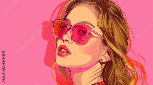 An illustration of a beautiful young woman wearing sunglasses. This is ideal for poster designs, brochures, cards, postcards, interior design, or print.