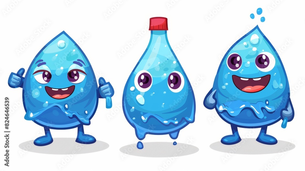 Symbol of a blue water drop cartoon character holding a bottle of water. Modern illustration isolated on white.
