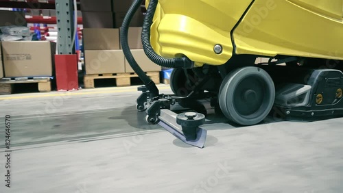 Industrial floor cleaning machine in warehouse, A detailed shot of an industrial floor cleaning machine operating in a warehouse environment
