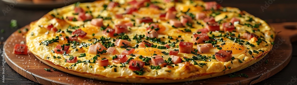 Delicious pizza topped with melted cheese, crispy bacon, and fresh chives on a wooden board, perfect for a culinary stock photo. Delicious pizza topped with melted cheese, crispy bacon, and fresh chives on a wooden board, perfect for a culinary stock photo.