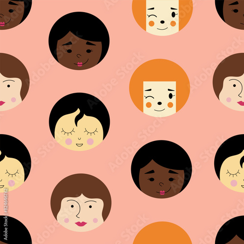 Seamless print, pretty girlish faces. Repeatable background, female appearance. Continuous flat vector illustration.