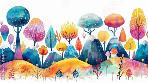 Illustration of vivid trees and majestic mountains in a cartoonlike style, featuring an abstract whimsical watercolor illustration of a child's imagination. photo
