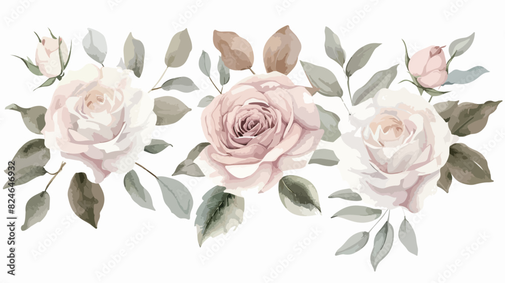 Pale Pink white roses leaves watercolor floral bouquet