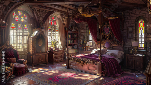 A luxurious, luxurious, medieval-inspired bedroom with a massive, wooden canopy bed, a plush, velvet-upholstered throne