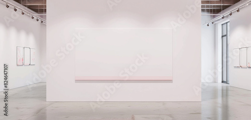 Blank white wall mockup in gallery with blush pink details, contemporary art exhibitions,
