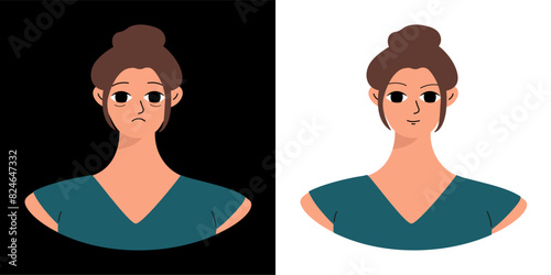 Concept of emotions before and after. Cartoon cute girlish face. Woman with a sad and joyful face. Isolated vector.
