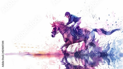 A horse in water. A sketch of a horse racing event. A picture of ink paints on horses. photo