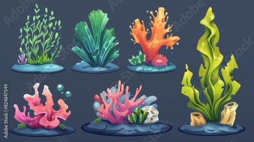 Seaweed and coral cartoon illustration set featuring aqua  colorful algae and sponges  as well as seabed plant life.
