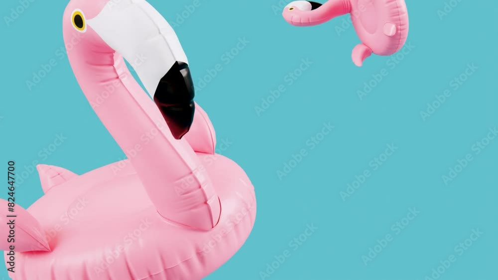 Creative summer footage. Flamingo float fly on blue background. 3d loop animation