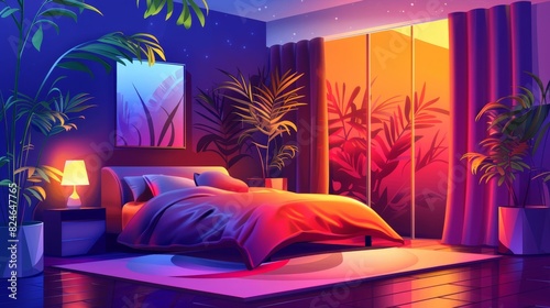 This cartoon illustration shows a bedroom with furniture and decor for sleeping at dusk in an empty home. It has a large window, plants, and a bed at night.