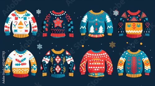 An ugly sweater party icons set. Knitted ornaments for Christmas. photo