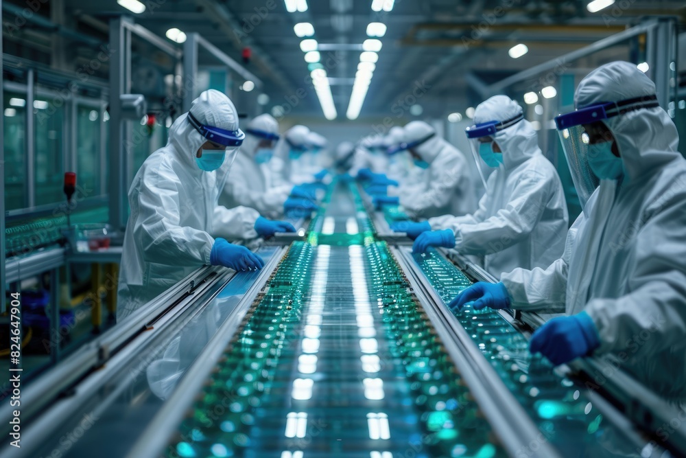Obraz premium Factory assembly line, workers wearing protective clothing