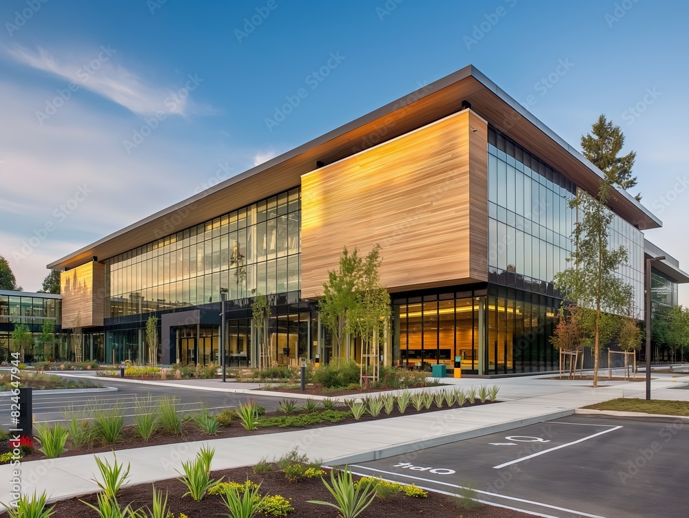 Contemporary office building with large glass windows, wooden accents, and landscaped surroundings at sunset.