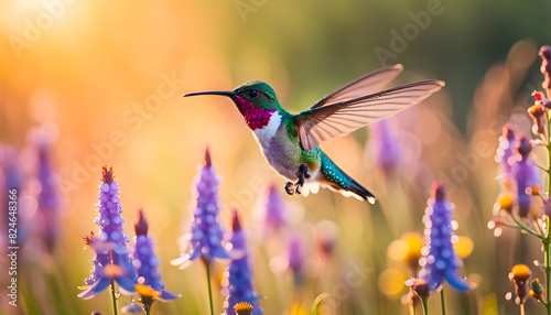 photorealistic image shot of a colorful hummingbird flying in a field of dew-covered wildflowers, Generative AI © proofman