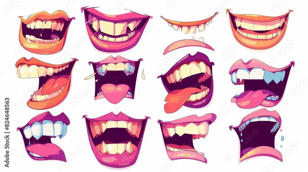 Tongue, Smile, Teeth. Animated Mouth Set. Isolated on white background. Simple flat design. Tongue, Smile, Teeth. Animated Mouth Set. Isolated on white background. Simple flat design.