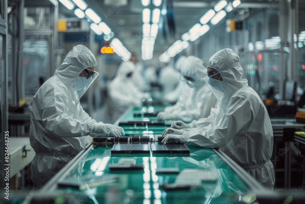 Factory assembly line, workers wearing protective clothing Factory assembly line, workers wearing protective clothing