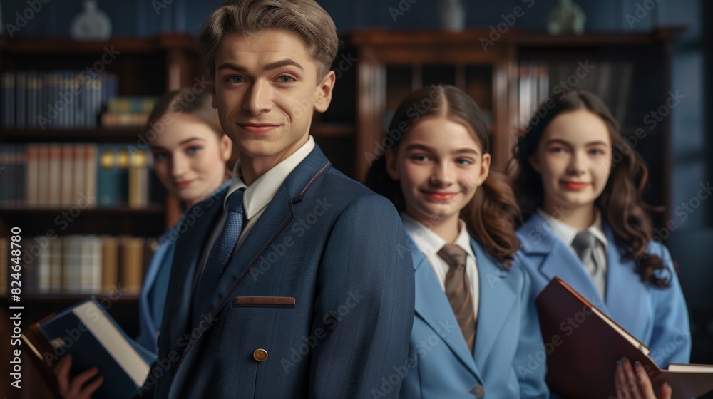 Group of four confident young students in school uniforms image. Schoolmates smiling at camera photography wallpaper. Private school library picture. Academic achievement concept photo Group of four confident young students in school uniforms image. Schoolmates smiling at camera photography wallpaper. Private school library picture. Academic achievement concept photo