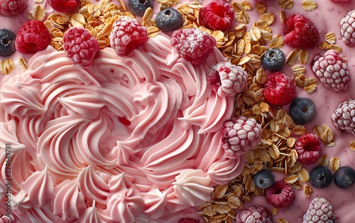 Close-up of a delicious pink dessert topped with raspberries, blueberries, and granola, perfect for a sweet treat or summer delight.