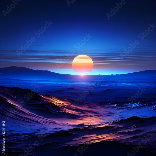 The Martian sky displays a blue glow as the sun sets. This is because fine dust particles in the Martian atmosphere allow blue light to spread more widely than on Earth. photo
