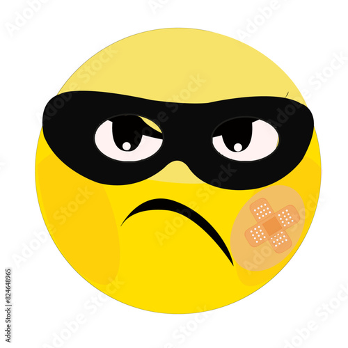 Expression de visage sur émoticône	de brigand avec masque noir et pansement sur la joue