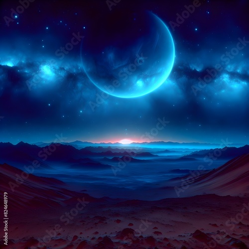 The Martian sky displays a blue glow as the sun sets. This is because fine dust particles in the Martian atmosphere allow blue light to spread more widely than on Earth. photo