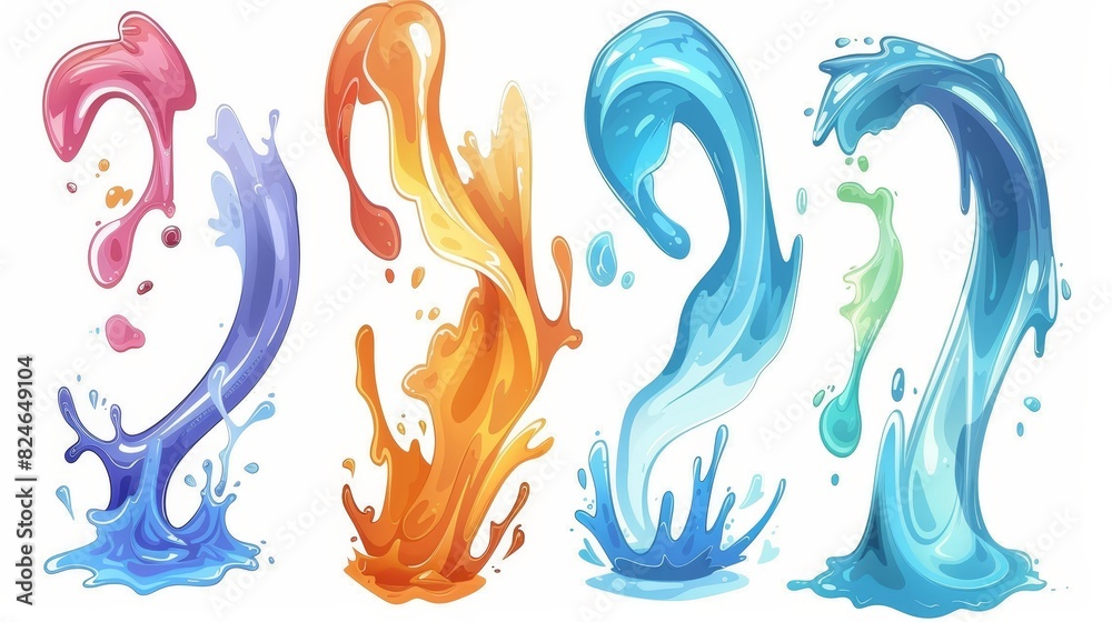 A colorful set of water motions with whirls, drops, and waves. Modern illustration. A colorful set of water motions with whirls, drops, and waves. Modern illustration.