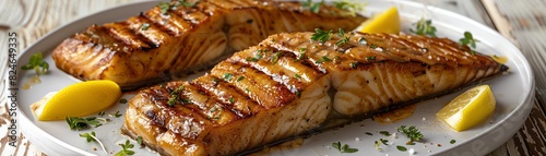 Wallpaper Mural Sizzling grilled salmon fillets served with lemon wedges and garnished with fresh herbs on a white plate. Perfect for a healthy gourmet meal. Torontodigital.ca