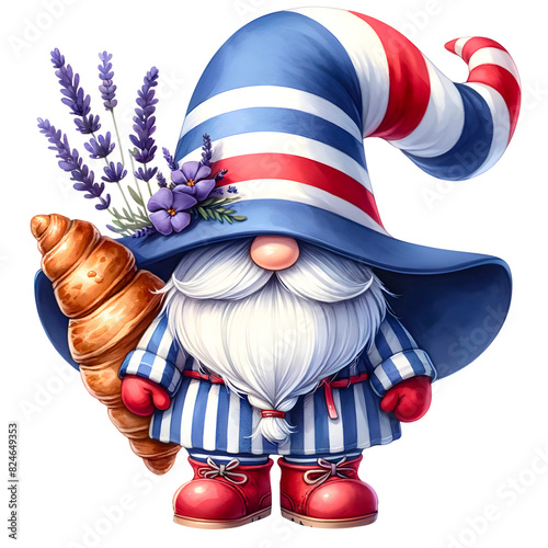 Watercolor cute chubby Gnome wearing frence flag color outfit. Gnome hat decorated with lavender flowers. Culture and travel gnome photo