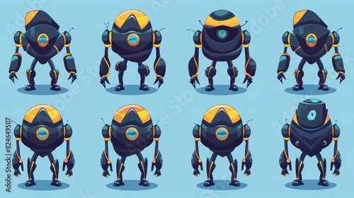 A cartoon android character animation set with different poses, futuristic machine constructors on a blue background. Objects isolated as moderns.