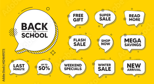 Offer speech bubble icons. Back to school tag. Education offer. End of vacation slogan. Back to school chat offer. Speech bubble discount banner. Text box balloon. Vector